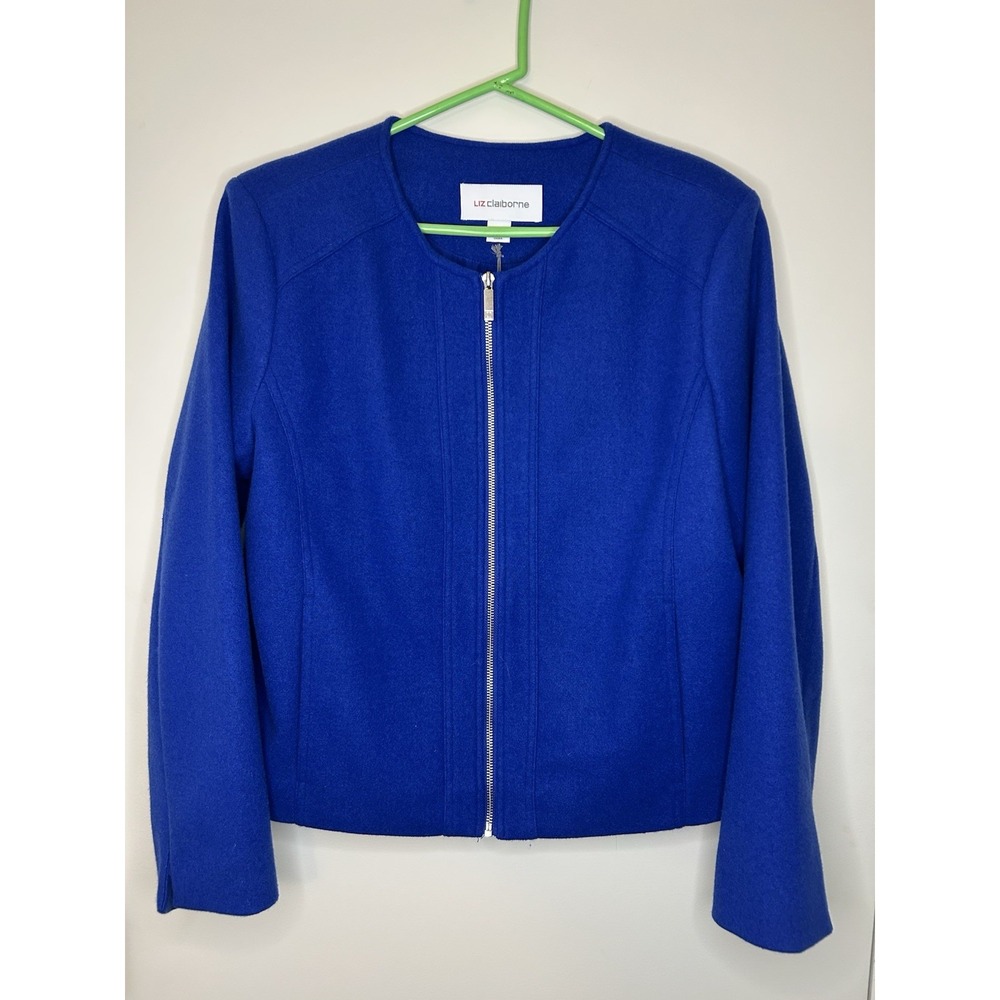 LIZ CLAIBORNE Royal Blue Zip Front Cardigan Jacket Blazer Collarless Womens 14